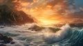 Realistic Fantasy Ocean Scene With Waves And Mountains In Golden Light Royalty Free Stock Photo
