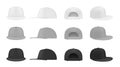 Realistic fashion rap cap set vector illustration stylish hip hop headdress front, back and side