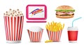 Realistic Fast Food Icons Set Vector. French Fries, Coffee, Hamburger, Cola, Tray Salver, Popcorn. Isolated Illustration