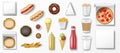 Realistic fast food mockup set, top view for restaurant snack menu. Donut, ice cream, hamburger, pizza, hotdog, fry