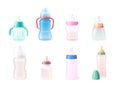 Realistic feeding bottles. Baby feed bottle with pacifier, newborns products for toddler joy milk nutrition, cup liquid