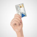 Realistic female hand holds the credit card. Vector illustration. Image for advertizing in the financial sphere and the