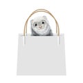 Realistic Ferret Sitting in the Gift Bag. Cute Polecat inside the Shopping Bag.