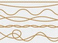 Realistic fiber ropes. Curve rope nautical cord straight lasso marine border brown jute twine natural tied packthread Royalty Free Stock Photo
