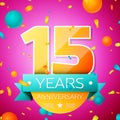 Realistic Fifteen Years Anniversary Celebration design banner. Gold numbers and cyan ribbon, balloons, confetti on pink