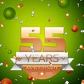 Realistic Fifty five Years Anniversary Celebration design banner. Gold numbers and silver ribbon, balloons, confetti on Royalty Free Stock Photo