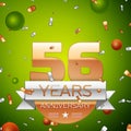 Realistic Fifty six Years Anniversary Celebration design banner. Gold numbers and silver ribbon, balloons, confetti on Royalty Free Stock Photo