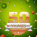 Realistic Fifty Years Anniversary Celebration design banner. Gold numbers and silver ribbon, balloons, confetti on green Royalty Free Stock Photo