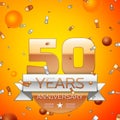 Realistic Fifty Years Anniversary Celebration design banner. Gold numbers and silver ribbon, balloons, confetti on Royalty Free Stock Photo