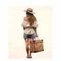 Realistic Figurative Woman In Shorts And Hat With Beige Canvas Bag