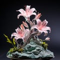 Realistic Figurine Lilies On Rock: Meticulously Crafted Maquette With Kintsukuroi Touch