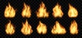 Realistic fire. Burn effect with red flare. Torch blaze. Bonfire light. Flame with spark and smoke. Campfire or fireball Royalty Free Stock Photo