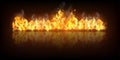 Realistic colorful image line bon fire flame with horizontal reflection smoke and sparks on black background Royalty Free Stock Photo