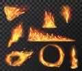 Realistic fire flame elements. Burning effects of fireball, circle, torch and wildfire. Flare blazing flames with bright sparks