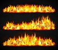Realistic fire flame set. Horizontal burning bonfires isolated on dark transparent
