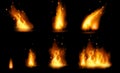 Realistic fire flame and sparks set with different shapes isolated on black background. Royalty Free Stock Photo