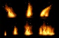 Realistic fire flame and sparks set with different shapes isolated on black background. Royalty Free Stock Photo