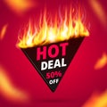 Realistic fire flames hot deal sale banner, price tag, offer. Burning light effect on red square background template for Royalty Free Stock Photo