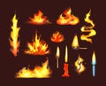Realistic fire flames set. Red burning fire flame and orange hot flaming heat explosion cartoon, hot flame energy, fire animation Royalty Free Stock Photo