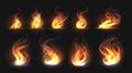 Realistic fire flames. Transparent torch effect, abstract red light flare, campfire design template. Vector hot glowing