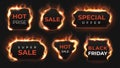 Realistic fire labels. Hot deal and sale offer text banners with shiny flame effect, isolated design objects. Vector Royalty Free Stock Photo