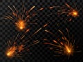Realistic fire sparks. Spark flow of steel welding or metal cutting work. Electrical explosion sparkles vector set Royalty Free Stock Photo