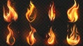 A realistic fire, torch flame icon set isolated on transparent background, glowing orange and yellow with steam. 3d