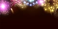 Realistic fireworks background. Pyrotechnics explosions. Holiday celebration. Festive night lights. Firecracker bursts