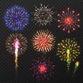 Realistic fireworks. Carnival multicolored firework explosion, christmas day celebration pyrotechnic elements isolated