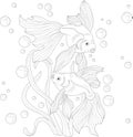 Realistic fishes in seaweeds with bubbles sketch. Cartoon vector illustration in black and white