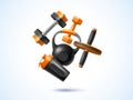 Realistic fitness composition. 3d sport objects, flying elements, workout gym tools, shaker, kettlebell and dumbbell