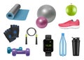 Realistic fitness equipment. Sport symbols for healthy lifestyle 3d items for gym dumbbells skipping rope apple water