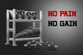 Realistic fitness vector banner with no pain no gain sign of storage shelf full of black iron weight barbell plates and dumbbells