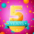 Realistic Five Years Anniversary Celebration design banner. Gold numbers and cyan ribbon, balloons, confetti on pink Royalty Free Stock Photo