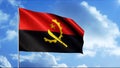Realistic flag of Angola waving 3d animation, seamless loop. Motion. Red and black moving flag fabric on blue cloudy sky