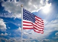 Realistic flag.3D illustration. Colored waving flag of United States of America on sunny blue sky background Royalty Free Stock Photo