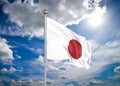 Realistic flag. 3D illustration. Colored waving flag of Japan on sunny blue sky background