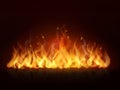 Realistic flame. Burning fiery hot wall, fireplace warm fire, blazing bonfire red flames effect. flaming vector