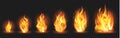 Realistic flame concept. Flaring fire blaze, various size burning spurts of flame, growing wildfire flames isolated