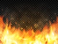 Realistic flames on transparent background. Fire background with flames, red fire sparks flying up, glowing particles
