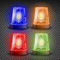 Realistic Flasher Siren Set Vector. Red, Orange, Green, Blue. 3D Realistic Object. Light Effect. Rotation Beacon