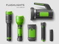 Realistic flashlights. Tourist hand lights with battery, different types, travel equipment elements, green and black colors,