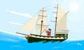 Realistic flat style illustration of an old wooden sailing ship on the water and with the captain on the deck. Ship in Royalty Free Stock Photo