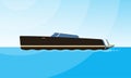 Realistic flat style illustration of the side view of black motorboat on the water. Modern ship image on the simple