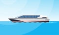 Realistic flat style illustration of the side view of white motorboat on the water. Modern ship image on the simple