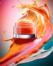 Floating cosmetic jar. Realistic luxury skin cream capless glass jar on 3D abstract splashing creamy surface. AI generated.