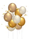 Set of three realistic ballons, gold, transparent with golden confetti, paper circles and ribbons. Vector illustration for card, p