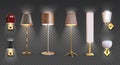 Realistic floor lamp. 3D closeup render of electric torchere with light isolated on transparent background. Vector light