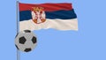 Realistic fluttering flag of Serbia and soccer ball flying around on a blue background, 3d rendering.