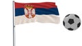 Realistic fluttering flag of Serbia and soccer ball flying around on a white background, 3d rendering. Royalty Free Stock Photo